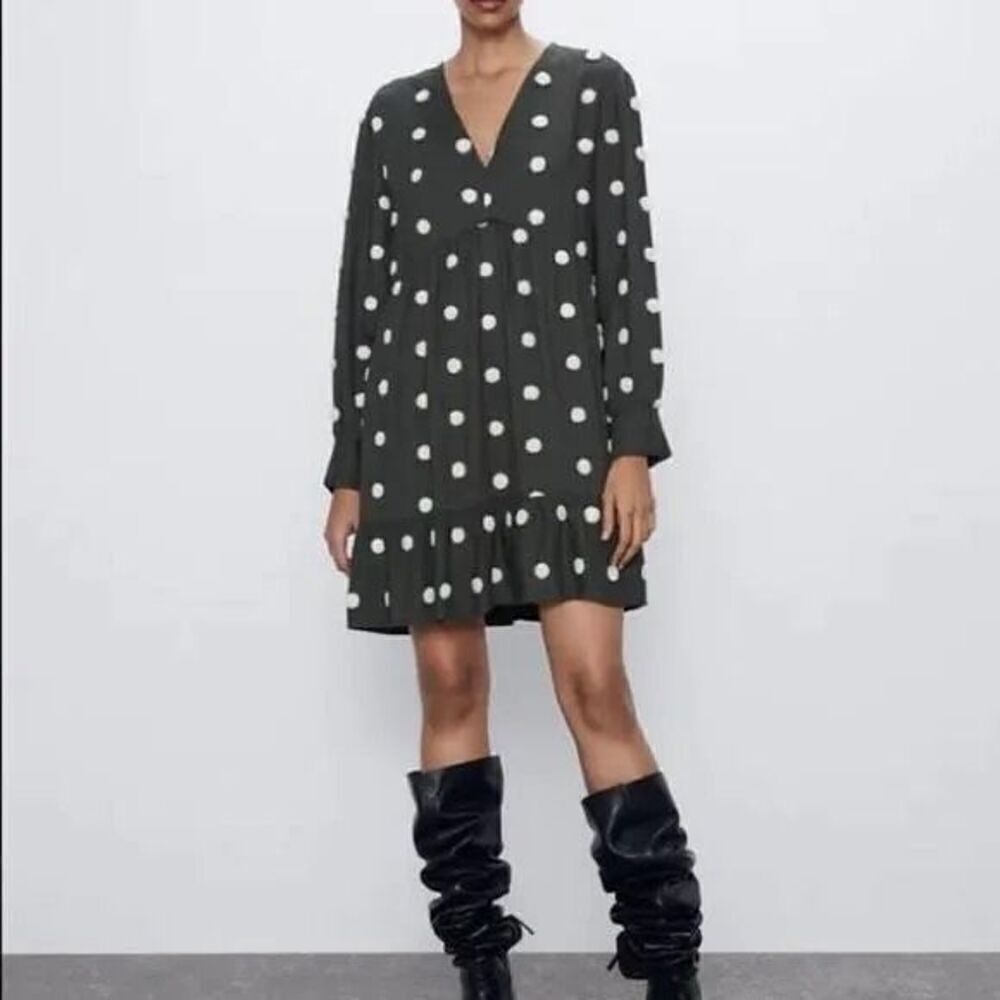 Zara Long Sleeve Baby Doll Mini Dress In olive Green And White Polka Dot Size M - Picture 2 of 7